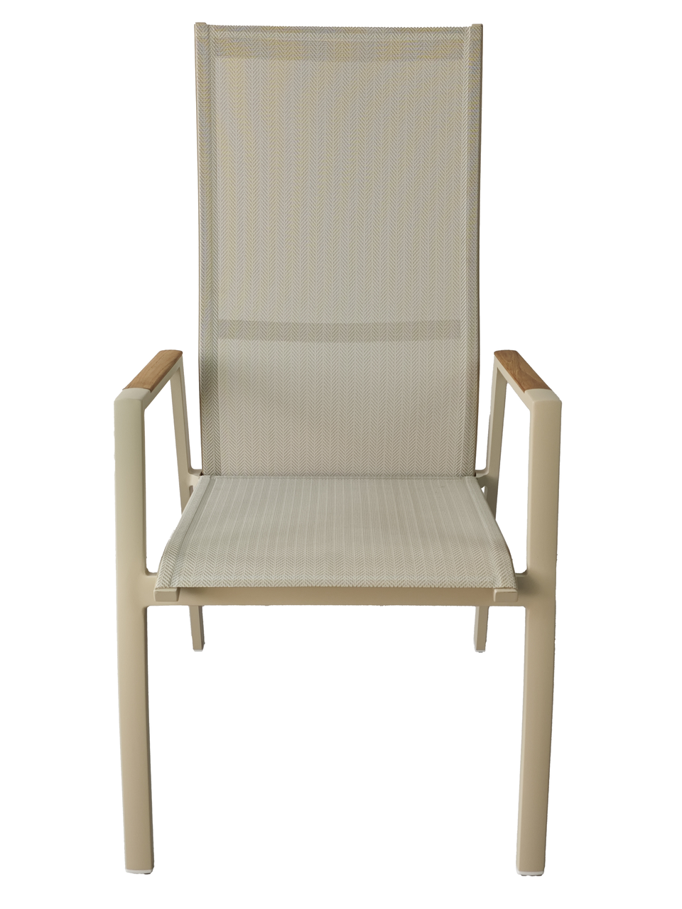 Moderner Gartensessel mit beigem Textilgewebe und Armlehnen aus Holz, Frontalansicht.