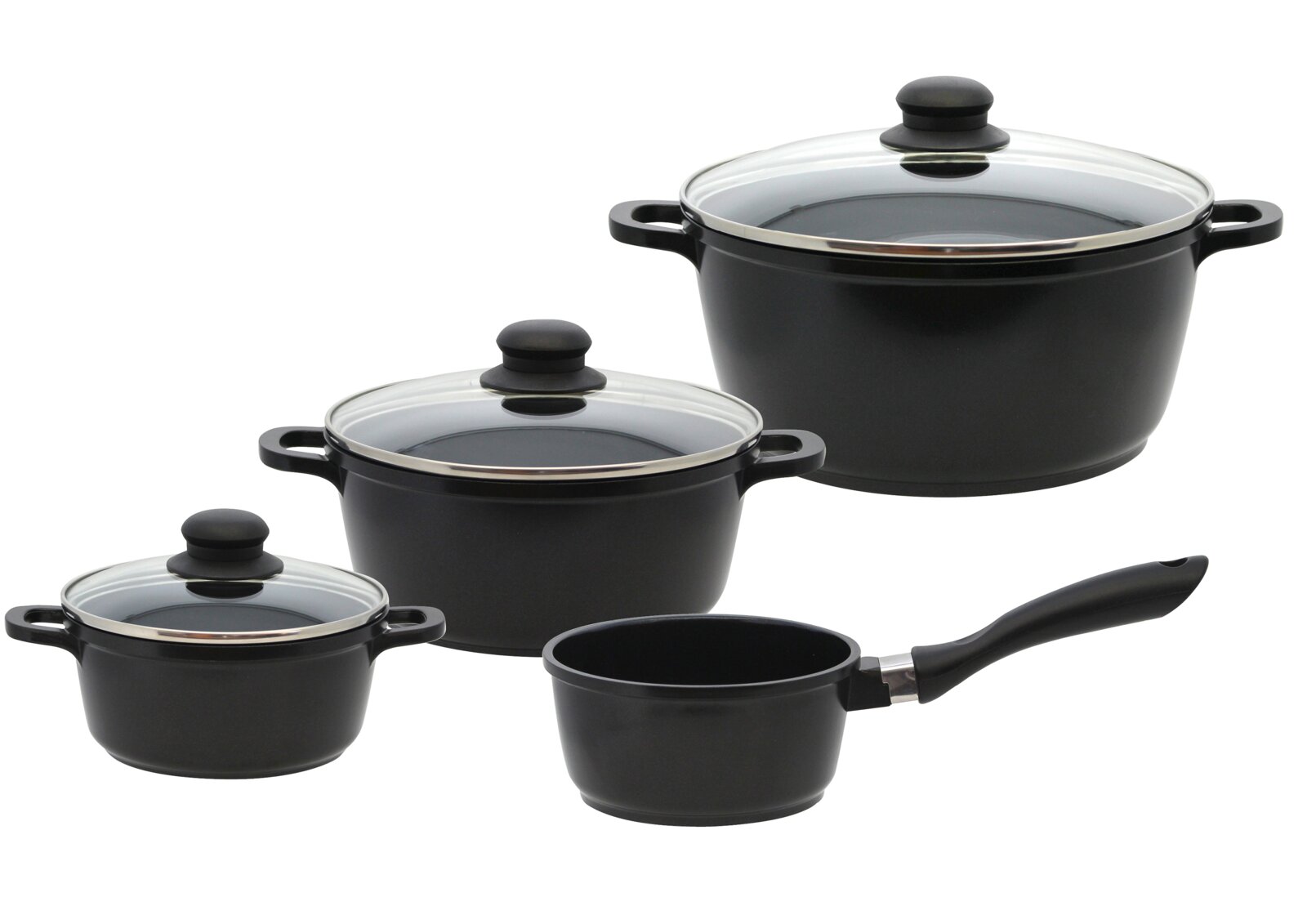 Vier-teiliges Topfset BLACK CAST in Schwarz mit Glasdeckeln, seitliche Perspektive