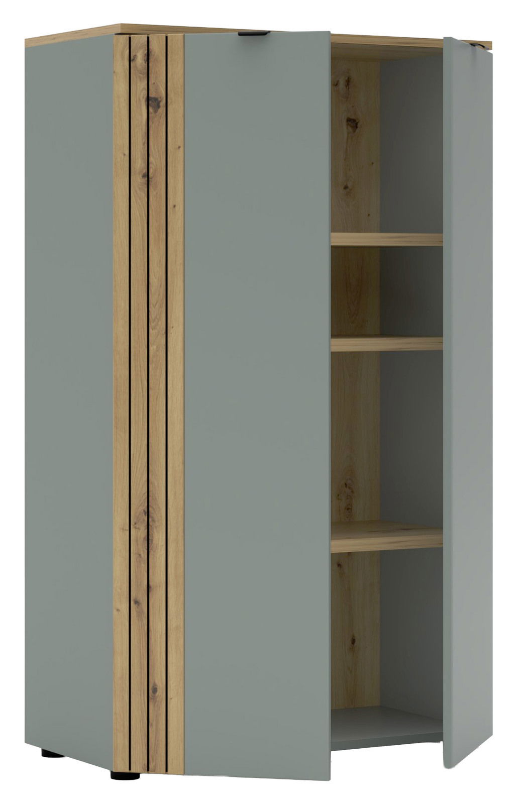 Büroschrank mit grauen Türen und Holzelementen, teilweise geöffnet, aus schräger Perspektive