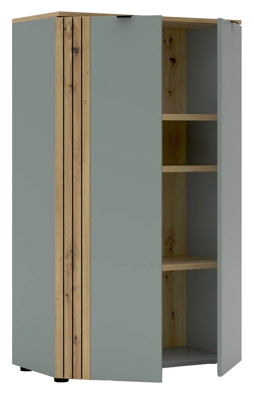Büroschrank mit grauen Türen und Holzelementen, teilweise geöffnet, aus schräger Perspektive
