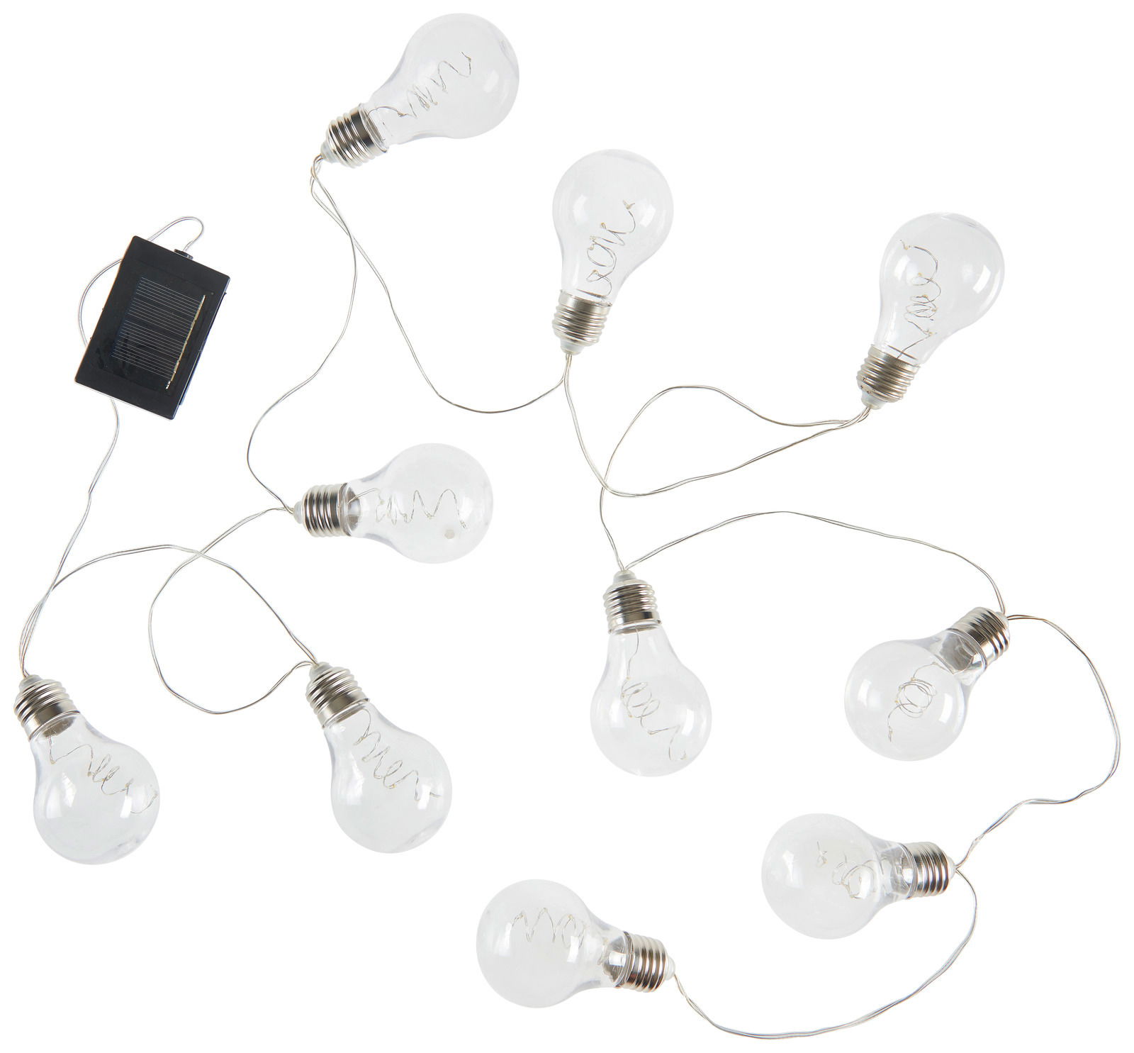 Lichterkette mit Glühbirnen-Design und Solarpanel, von oben betrachtet
