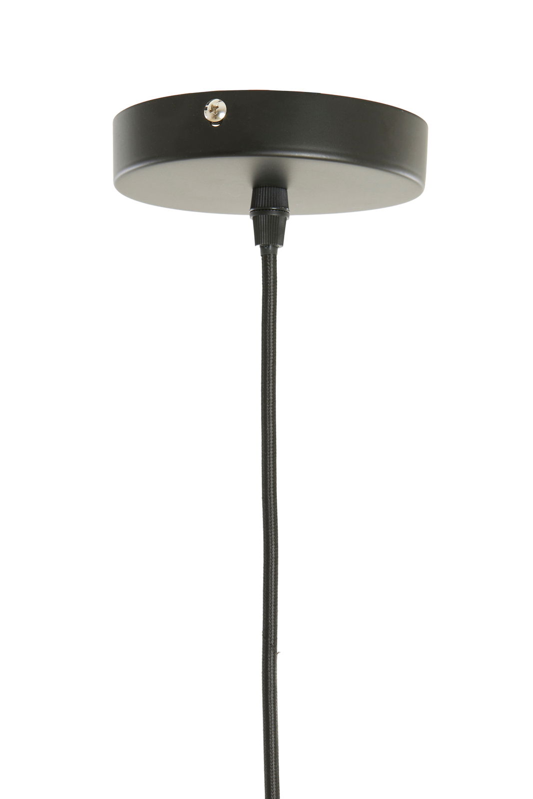 Schwarze Deckenhalterung einer Hängeleuchte mit Kabel, seitliche Perspektive