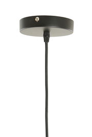 Schwarze Deckenhalterung einer Hängeleuchte mit Kabel, seitliche Perspektive