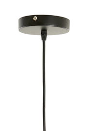 Schwarze Deckenhalterung einer Hängeleuchte mit Kabel, seitliche Perspektive