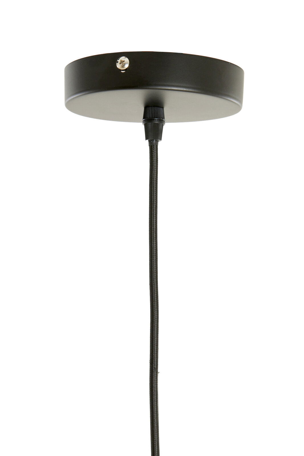 Schwarze Deckenhalterung einer Hängeleuchte mit Kabel, seitliche Perspektive