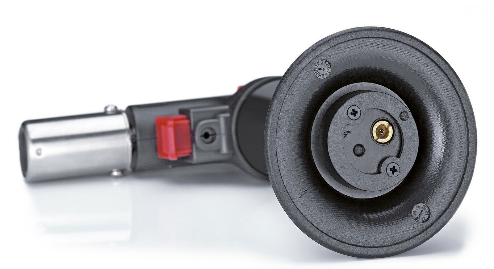 Nahaufnahme eines Crème Brûlée-Brenners mit rotem Schalter und silberner Düse, seitliche Perspektive.