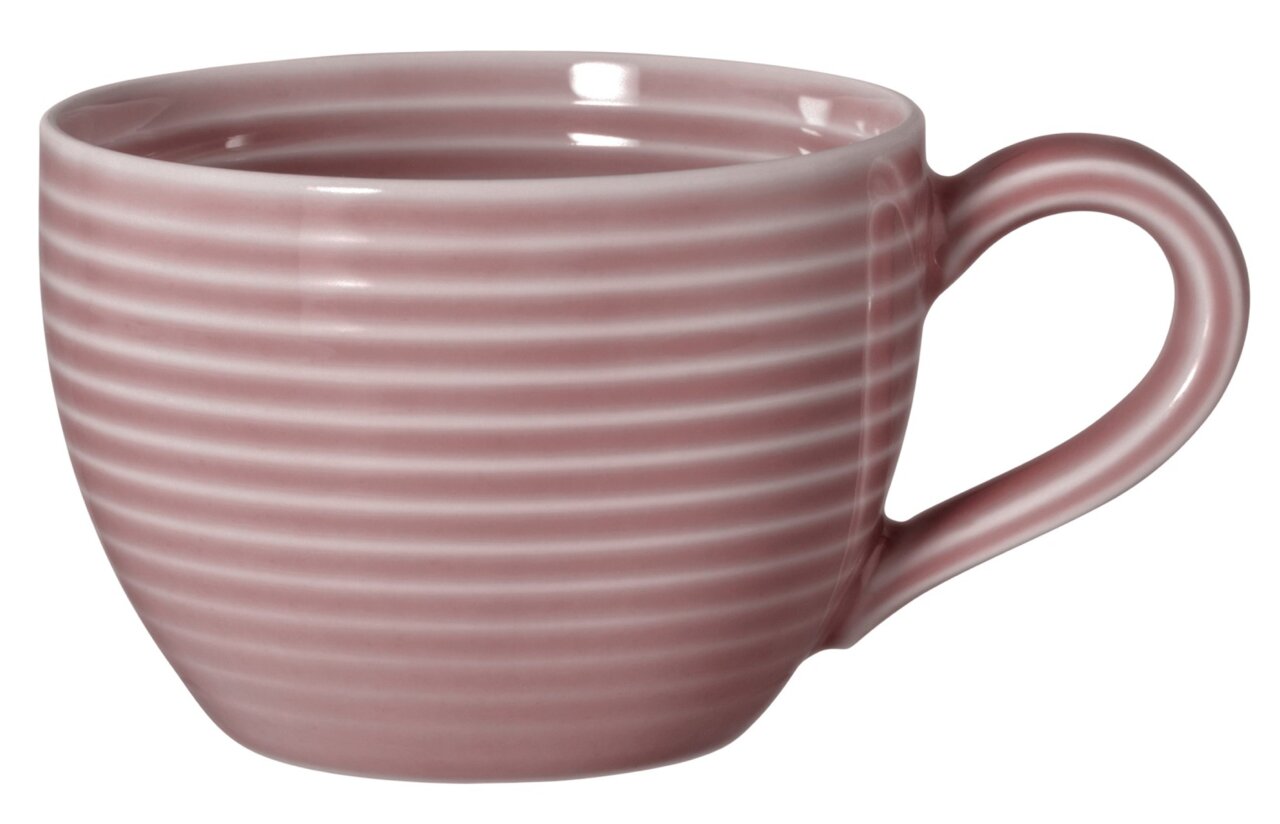 Rosa Espressoobertasse mit horizontalen Streifen, seitliche Perspektive