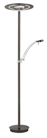 Moderne LED-Stehleuchte MONTI in dunklem Metall mit rundem Sockel und flexiblem Lesearm, seitliche Perspektive.