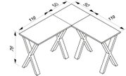 Technische Maßzeichnung eines L-förmigen Eckschreibtischs mit zwei 110 × 50 cm großen Tischplatten, X-förmigen Gestellen und 76 cm Höhe, dargestellt in schräger Perspektive von oben.