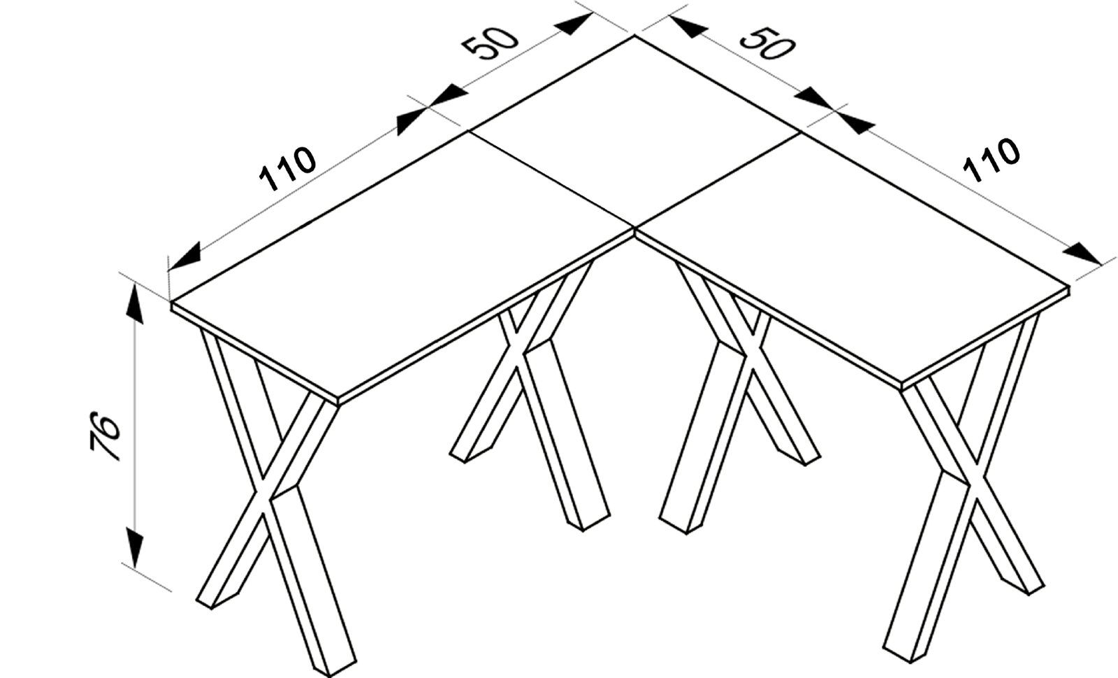 Technische Maßzeichnung eines L-förmigen Eckschreibtischs mit zwei 110 × 50 cm großen Tischplatten, X-förmigen Gestellen und 76 cm Höhe, dargestellt in schräger Perspektive von oben.