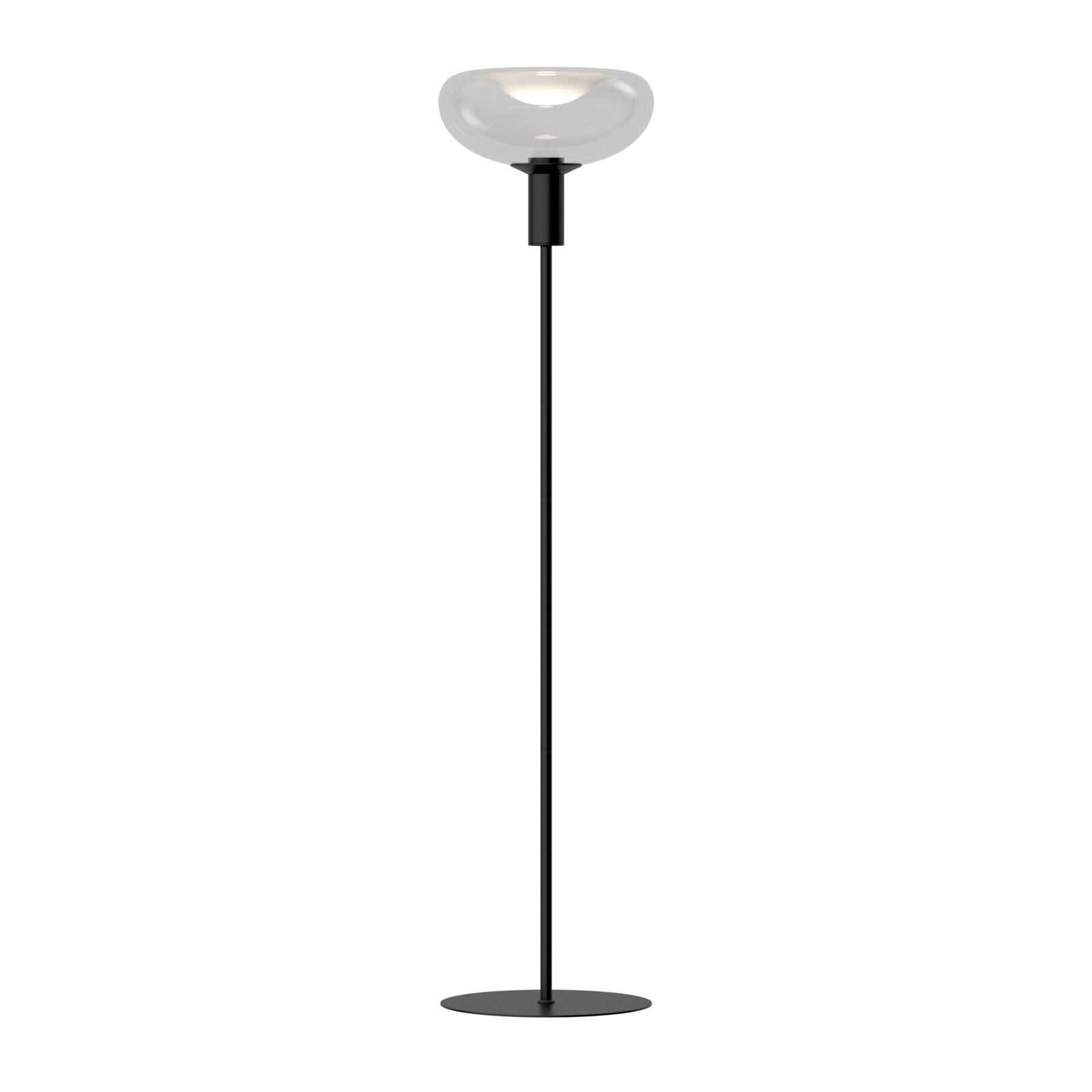 Moderne Stehleuchte mit schlankem, schwarzem Ständer und elegantem, rundem Lampenschirm aus Glas, frontal abgebildet.