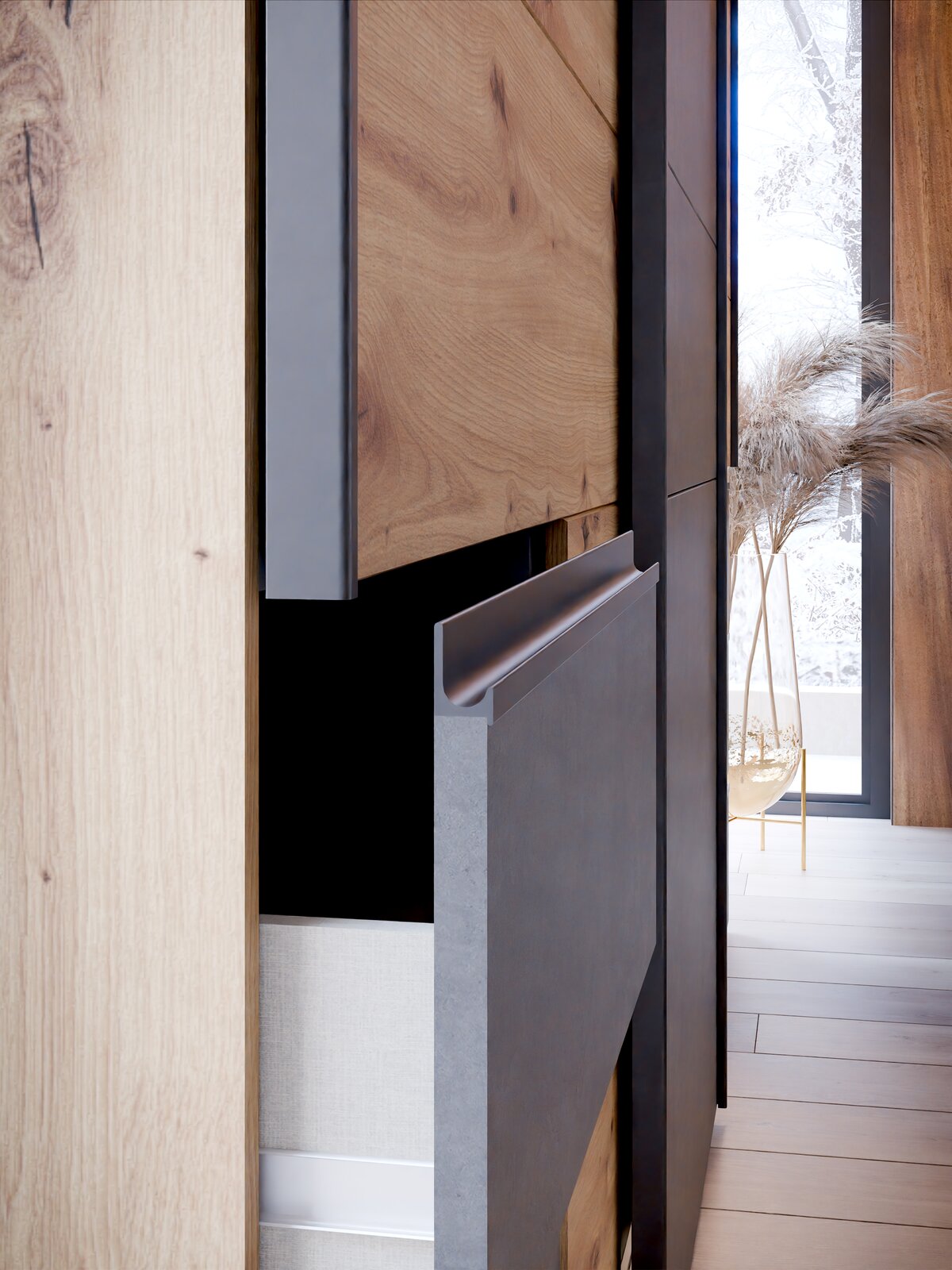 Nahaufnahme eines dreitürigen Schwebetürenschranks mit Holz- und Metallelementen, seitliche Perspektive.