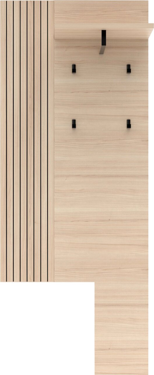 Helle Holz-Garderobenpaneel mit schwarzem Haken und vier kleinen schwarzen Kleiderhaken, links mit vertikalen schwarzen Linien; Frontalansicht.