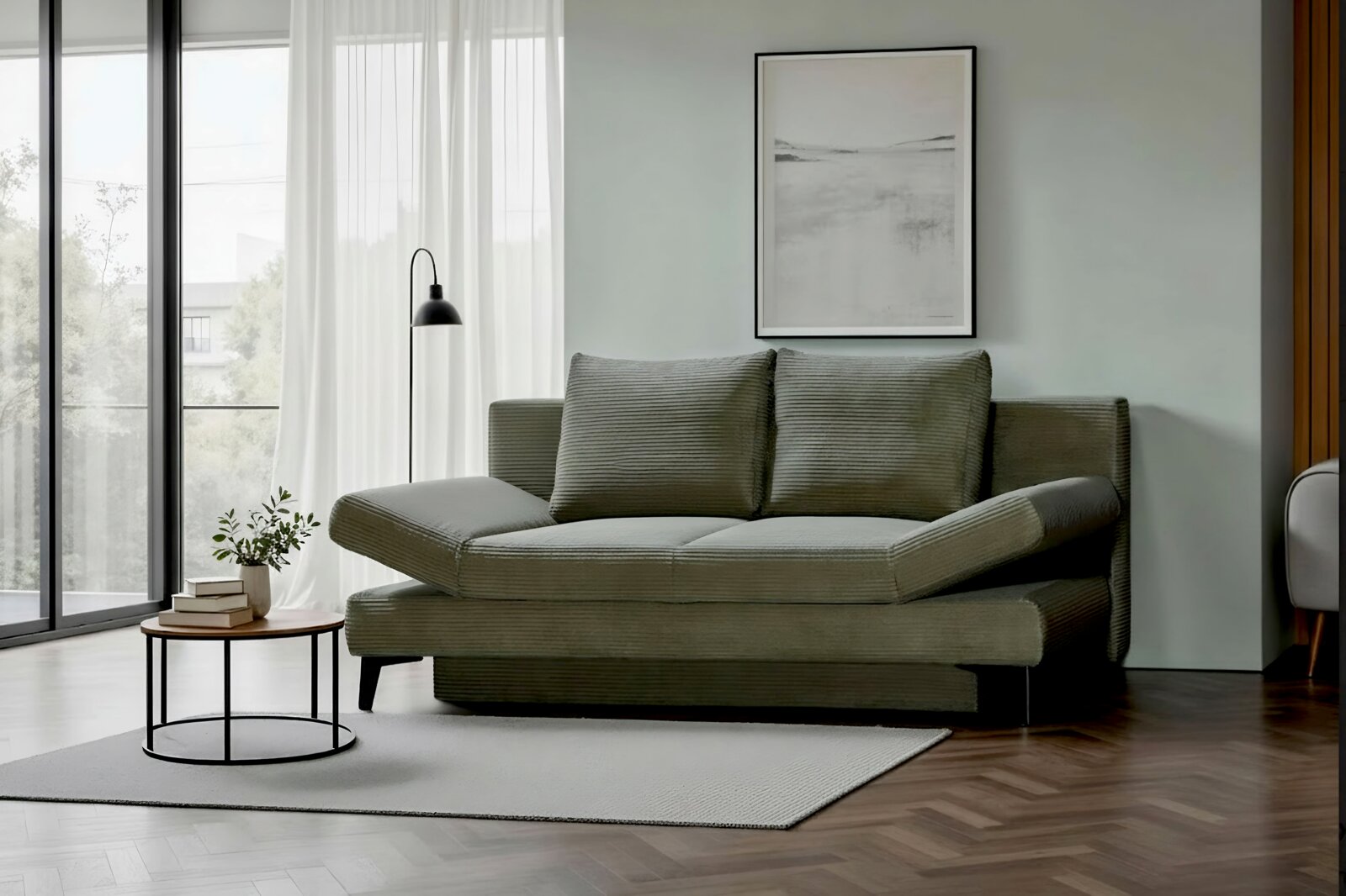Vooraanzicht van een moderne olijfgroene ribfluwelen slaapbank met verstelbare armleuningen en royale kussens in een licht, stijlvol interieur.