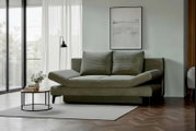 Vooraanzicht van een moderne olijfgroene ribfluwelen slaapbank met verstelbare armleuningen en royale kussens in een licht, stijlvol interieur.