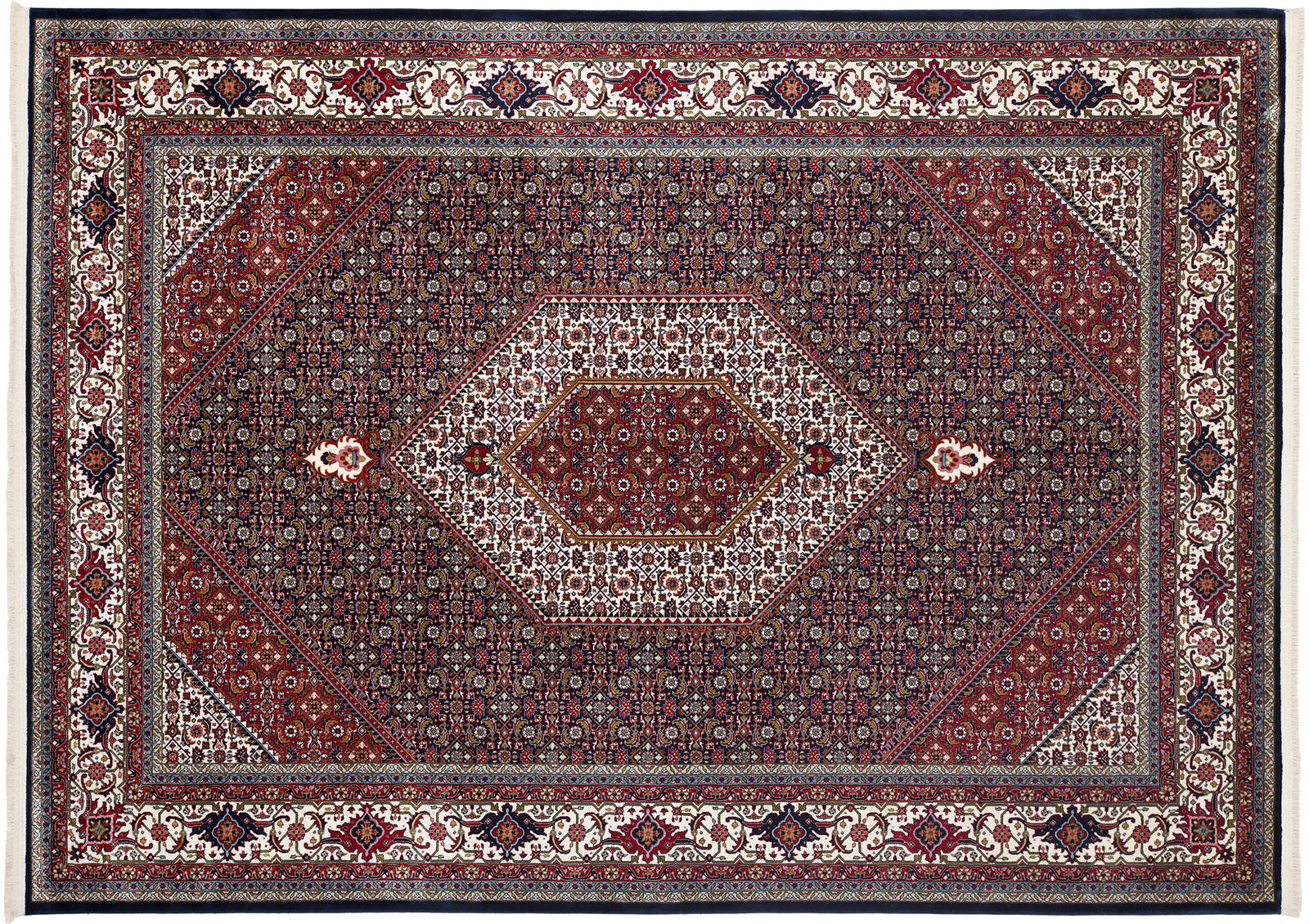 Orientteppich mit komplexem geometrischem Muster in Rot- und Blautönen, Draufsicht