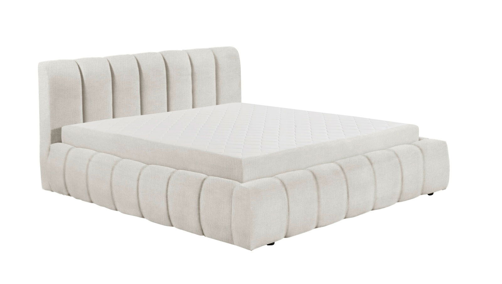 Seitliche Ansicht eines eleganten Polsterbetts mit gestepptem Kopfteil und weicher, heller Polsterung.