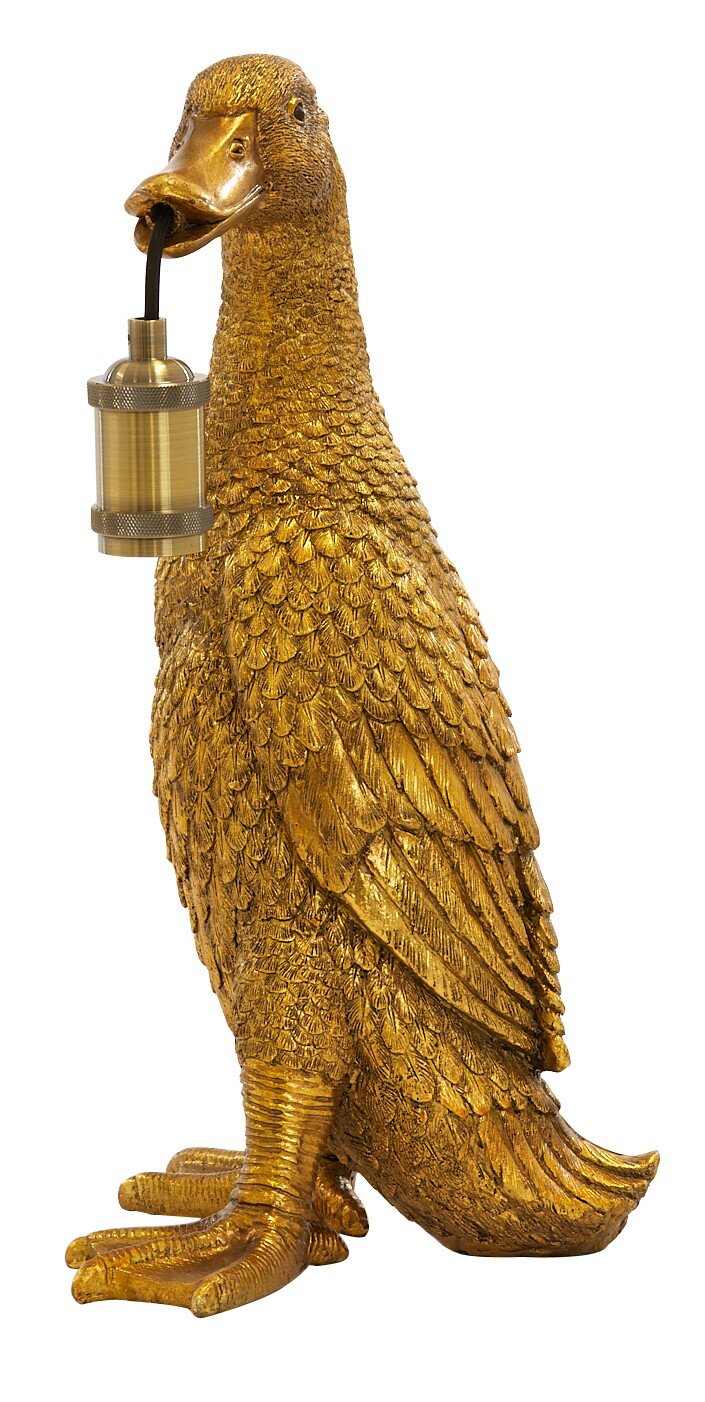 Gouden tafellamp in de vorm van een eend die een lamp in zijn snavel houdt, zijaanzicht