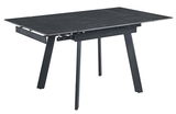 Moderner schwarzer Esstisch mit ausziehbarer Tischplatte, seitliche Perspektive