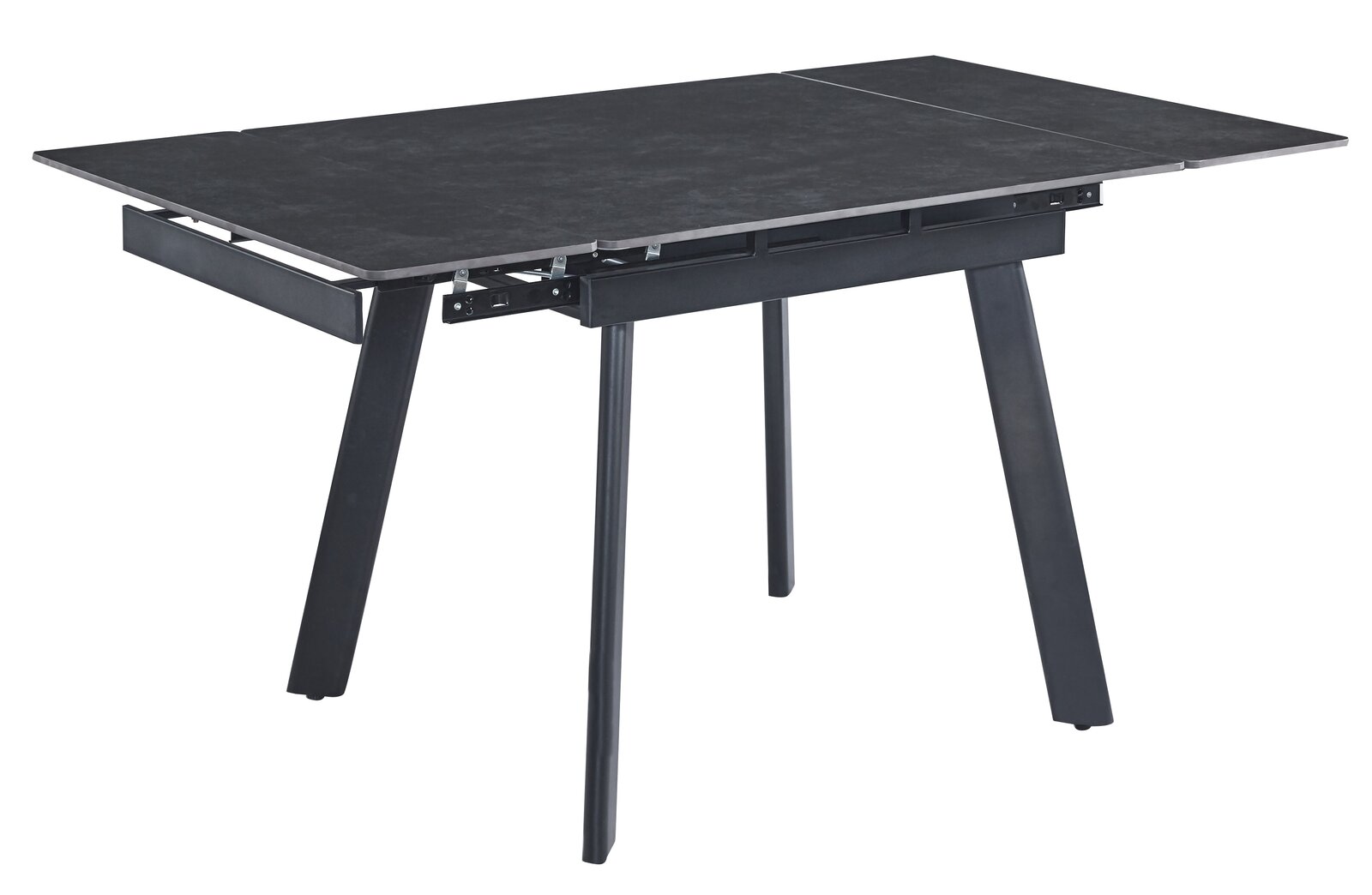 Moderner schwarzer Esstisch mit ausziehbarer Tischplatte, seitliche Perspektive