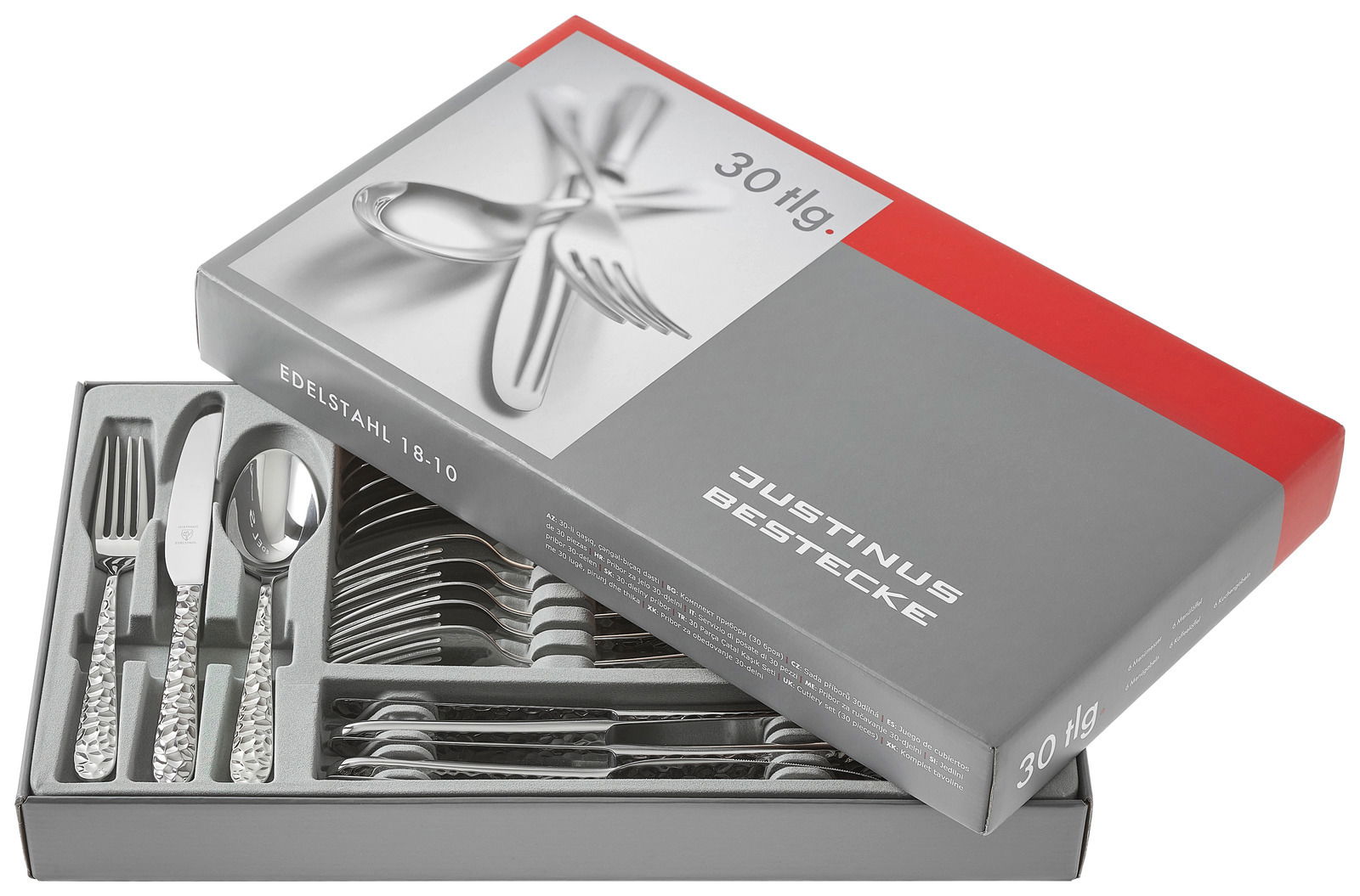 Justinus Besteck 30tlg. INVICTUS 30-teiliges Besteckset aus Edelstahl 18/10 in geöffneter Verpackung, Perspektive von oben