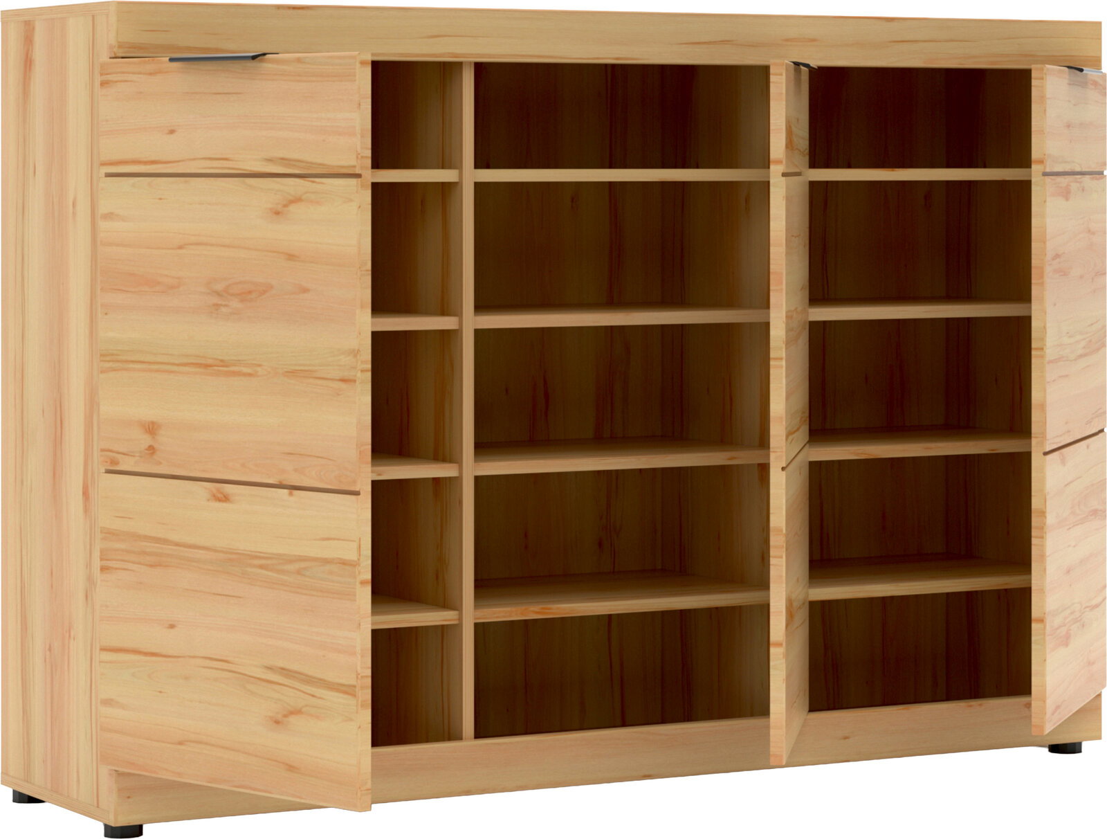 Offenes Holz-Sideboard mit zwei geöffneten Türen und mehreren Regalfächern, Frontansicht leicht schräg von links
