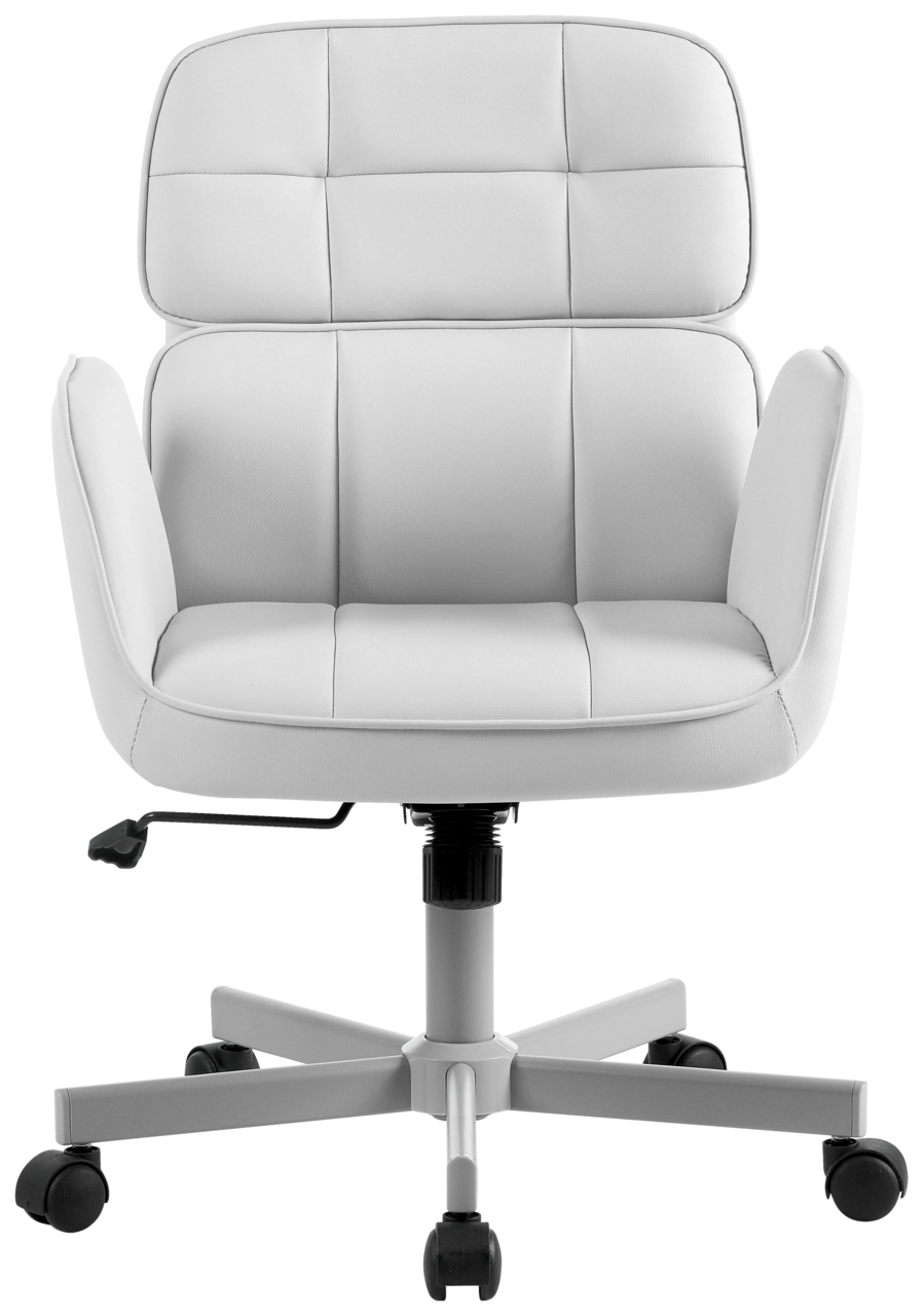 Moderner weißer Drehstuhl mit gepolsterter Rückenlehne und Armlehnen, Frontalansicht