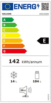 Energieeffizienzlabel der Klasse E für ein Küchengerät mit einem jährlichen Energieverbrauch von 142 kWh, 14 Liter Gefrierfach und 104 Liter Kühlfach, frontal betrachtet.