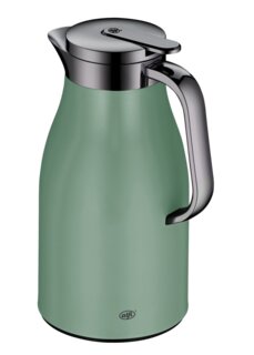 Grüne Isolierkanne Skyline mit silbernem Deckel und Griff, seitliche Perspektive