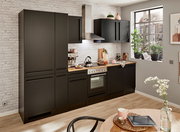 Moderne schwarze Küchenzeile mit Backofen, Herd und Dunstabzugshaube, seitliche Perspektive
