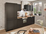Moderne schwarze Küchenzeile mit Backofen, Herd und Dunstabzugshaube, seitliche Perspektive