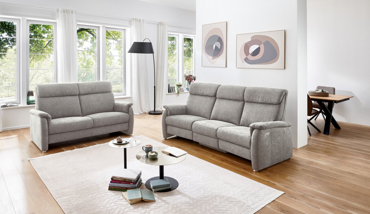 Graues 2,5er Sofa in einem modernen Wohnzimmer mit großen Fenstern, Holzboden und stilvollen Dekorationen, seitliche Perspektive.
