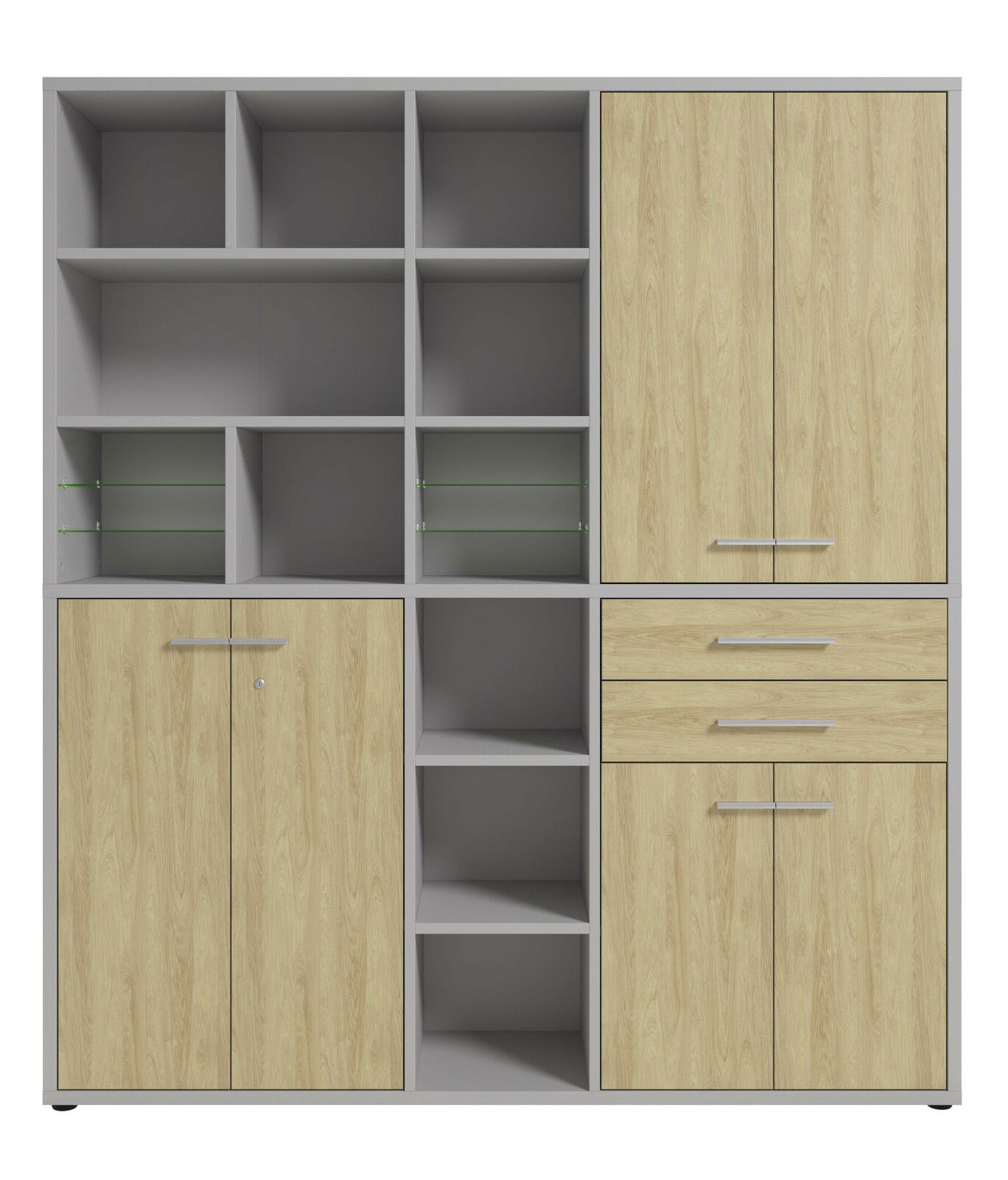 Aktenschrank hoch mit Holzoptik und grauen Regalfächern, frontale Ansicht
