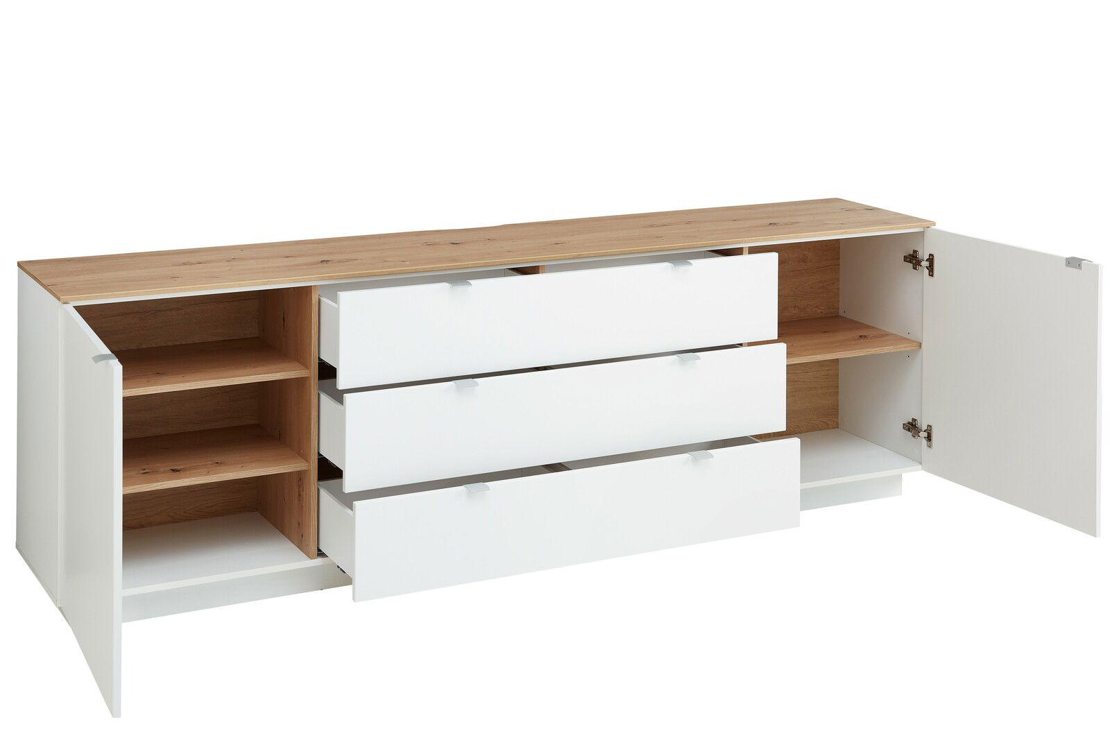 TV-Sideboard mit weißem Korpus und Holzoberfläche, offene Schubladen und Türen, seitliche Perspektive