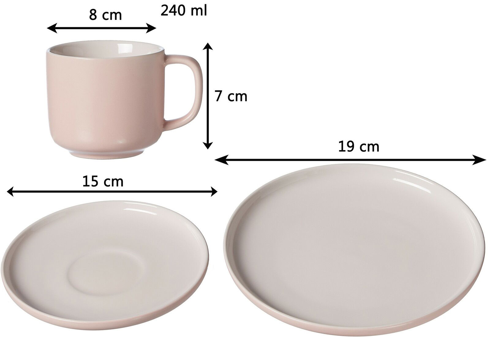 Kaffee-Set Jasper 12-tlg. in Rosa, bestehend aus einer Tasse mit 240 ml Fassungsvermögen, einem Unterteller mit 15 cm Durchmesser und einem Teller mit 19 cm Durchmesser, aus seitlicher Perspektive fotografiert.