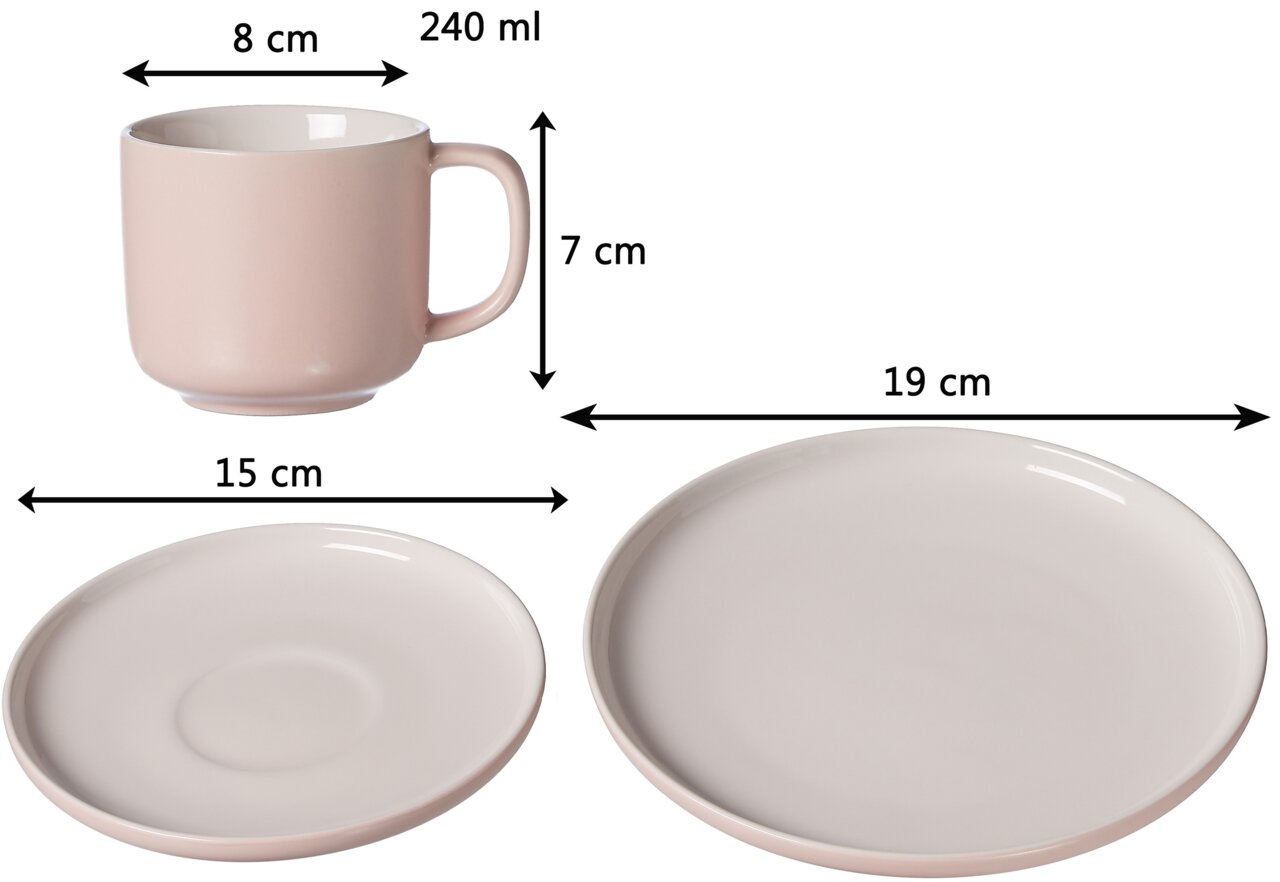 Koffieservies Jasper, 12-delig, in roze, bestaande uit een kopje met een inhoud van 240 ml, een schoteltje met een diameter van 15 cm en een bord met een diameter van 19 cm, gefotografeerd vanuit zijaanzicht.