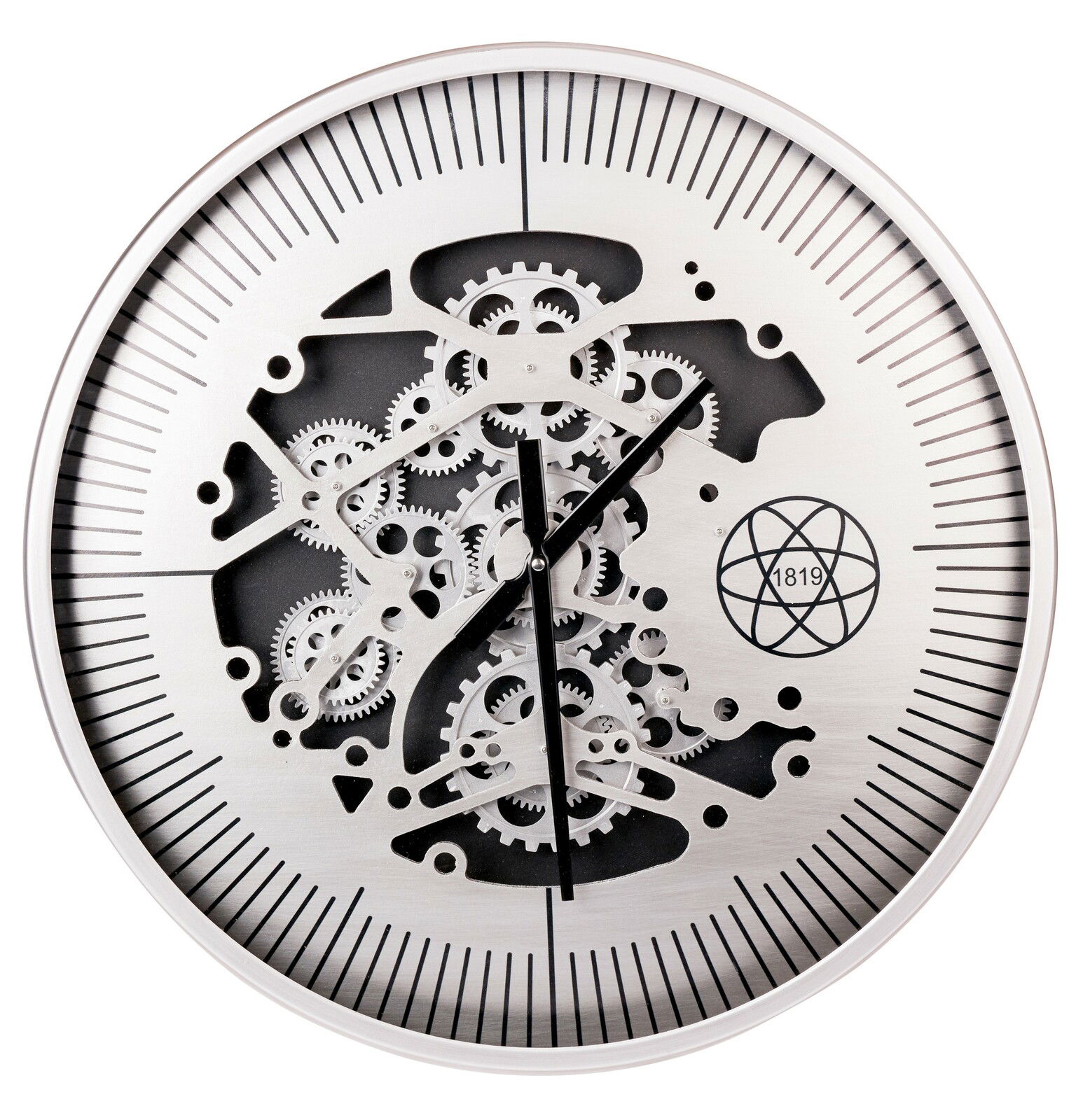 BHP Wanduhr Silberfarbene Wanduhr aus Metall mit sichtbarem Zahnrad-Design, frontal abgebildet.