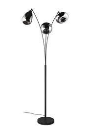 Moderne Stehleuchte Lumina mit drei verstellbaren, glänzenden Lampenschirmen in Chromoptik, seitliche Perspektive