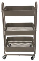 Grauer Servierwagen mit drei Ablagen und Rollen, Vorderansicht