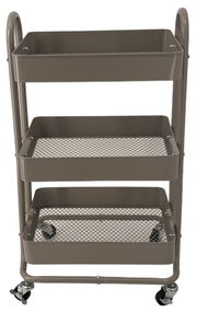 Grauer Servierwagen mit drei Ablagen und Rollen, Vorderansicht