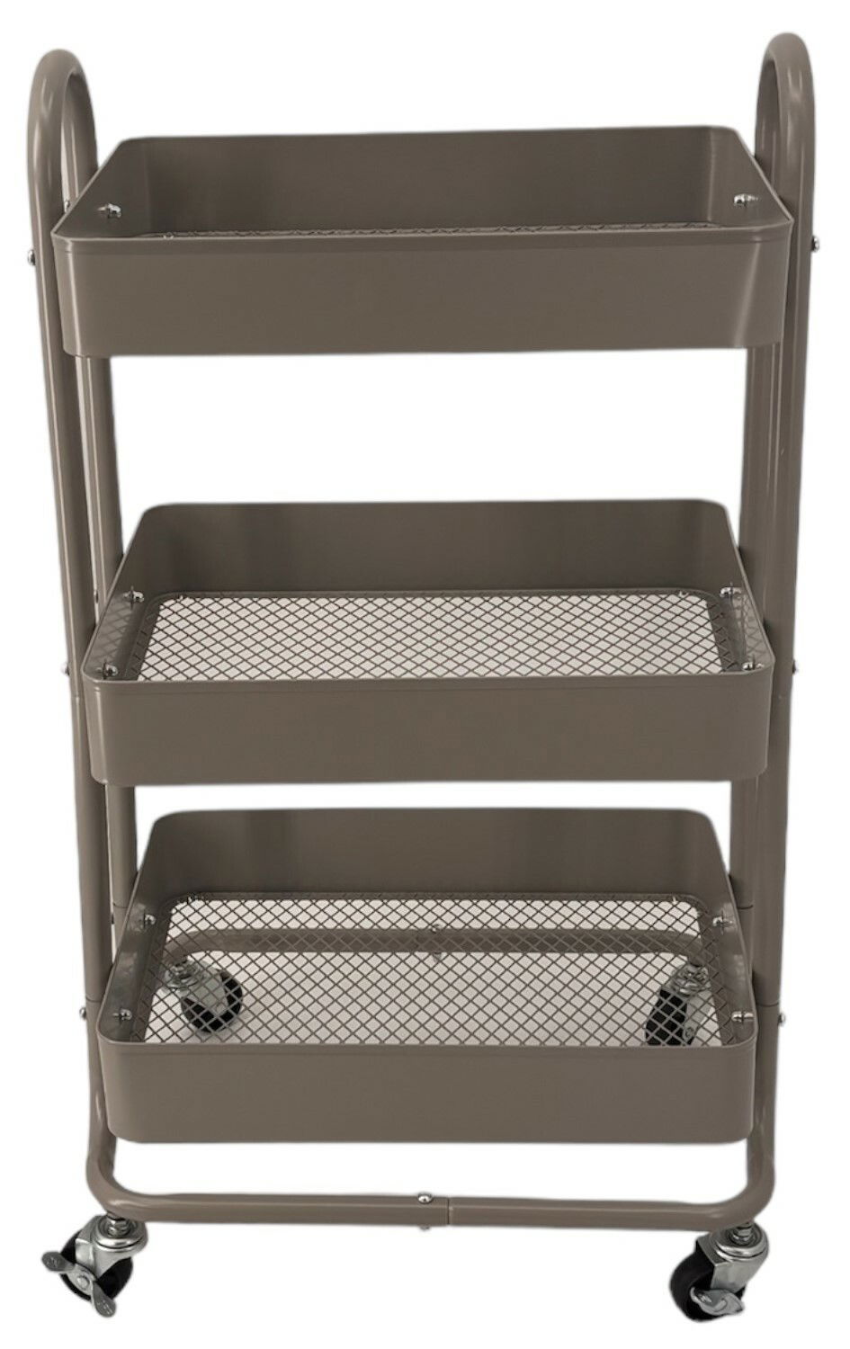 Grauer Servierwagen mit drei Ablagen und Rollen, Vorderansicht