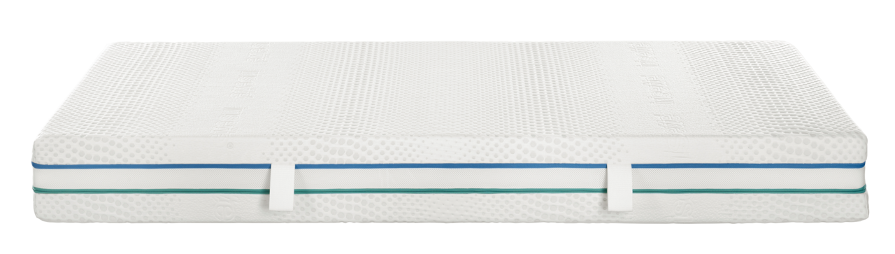 Matratze 140x200 cm, fest/extra fest, Seitenansicht mit weißem Bezug und farbigen Streifen