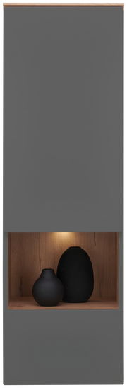 Hängevitrine DIANA in grauer Frontansicht mit Holzdekor und zwei schwarzen Vasen im beleuchteten Fach