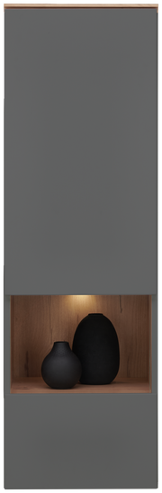 Hängevitrine DIANA in grauer Frontansicht mit Holzdekor und zwei schwarzen Vasen im beleuchteten Fach