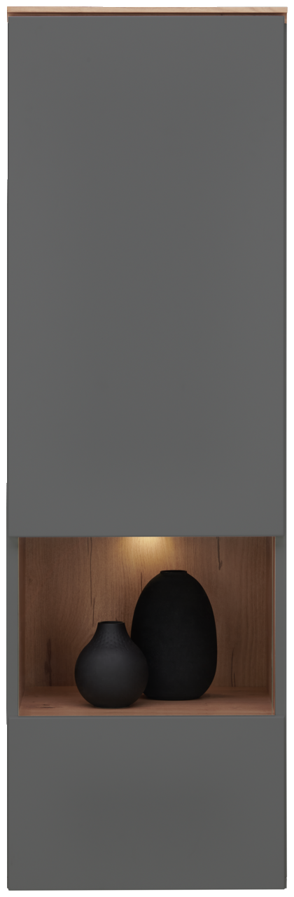 Hängevitrine DIANA in grauer Frontansicht mit Holzdekor und zwei schwarzen Vasen im beleuchteten Fach