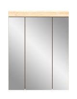 Moderner Hängeschrank mit drei Spiegeltüren und Holzleiste, Frontalansicht