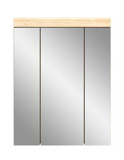 Moderner Hängeschrank mit drei Spiegeltüren und Holzleiste, Frontalansicht