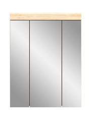 Moderner Hängeschrank mit drei Spiegeltüren und Holzleiste, Frontalansicht