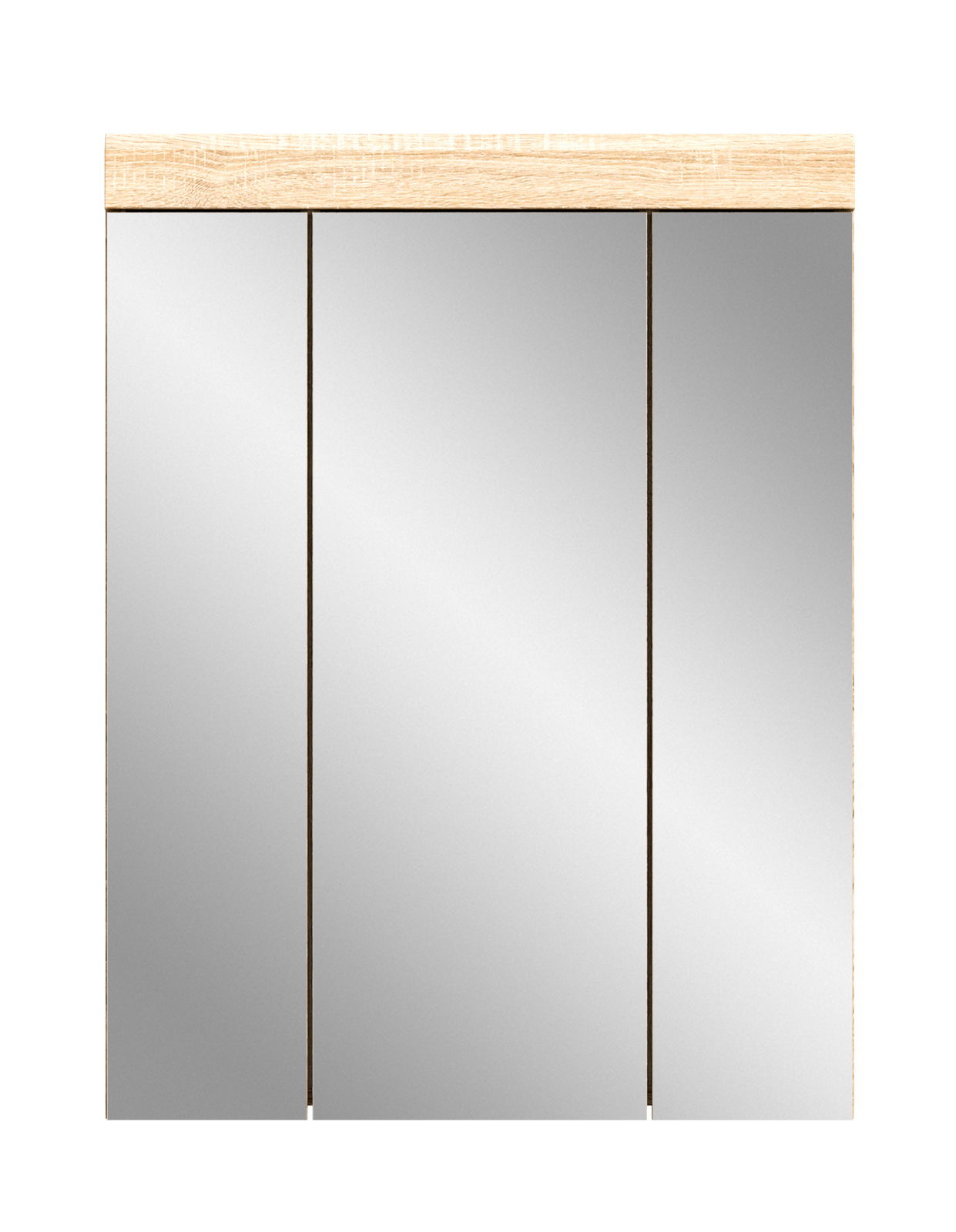 Moderner Hängeschrank mit drei Spiegeltüren und Holzleiste, Frontalansicht