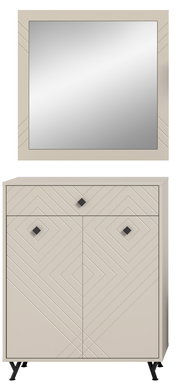 Frontale Ansicht einer modernen Garderobenkombination mit einem großen rechteckigen Spiegel und einem Schrank mit geometrischem Muster und schwarzen Griffen.